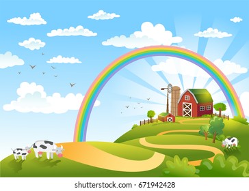 Rural scene with the farm, fields and cows on a pastures. The good choice for Logo, emblem, lable, sticker