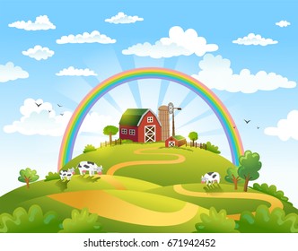 Escena rural con la granja, campos y vacas en un pasto. Buena elección para Logo, emblema, etiqueta, pegatina