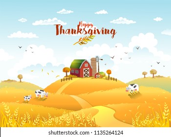 Rural scene with the farm and fields of the kept-up rye on a sunny day. The good choice for Thanksgiving background or greeting card.