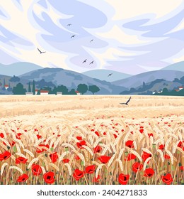 Escena rural con campo de trigo maduro, flores rojas de amapola, colinas, nubes y pájaros voladores en el cielo. Tranquilo paisaje campestre de verano.  Ilustración vectorial simple.