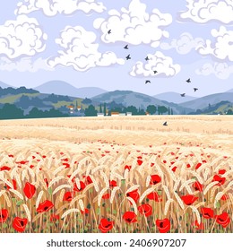 Rural scene with field of ripe wheat, red poppy flowers, hills, clouds and flying birds in sky. Calm summer countryside landscape.  Simple vector illustration.