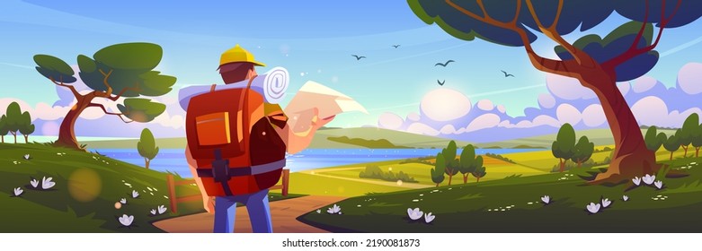 Rural scene with hiker man with map and backpack on road. Summer landscape with river, agriculture fields, path, green trees and grass. Vector cartoon illustration of tourist in countryside