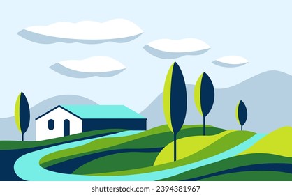 Rural scene with hills, trees, river and farm. Beautiful geometric hillside landscape in simple cartoon style