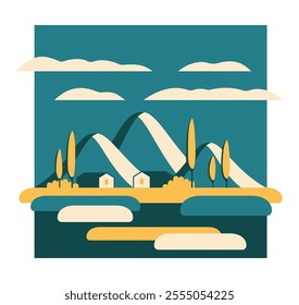 Rural scene with houses, farms and hills. Beautiful abstract isolated landscape in simple cartoon style, great for emblem or logo
