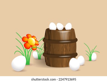 Rural scene.  Large wooden barrel and white eggs among the grass. Vector 3D objects for farm product design
