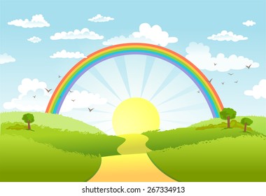 Rural scene with rainbow and bright sun, house and trees on sunny day