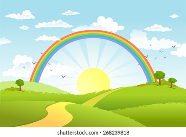 Rural scene with rainbow and bright sun, house and trees on sunny day