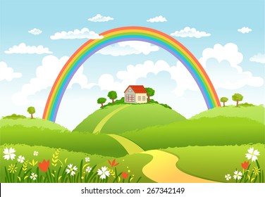 Rural scene with rainbow and green field, house and trees on sunny day