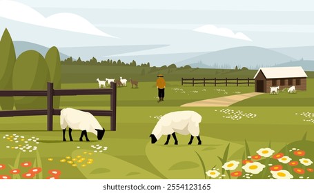 Rural scene with sheep and goats grazing on green meadows, farmer standing near barn and hills in background. Ideal for farming and rural tourism. Vector illustration.