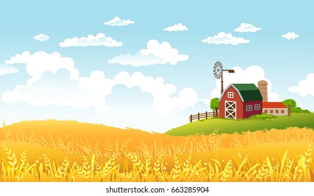 Rural scene with yellow fields and farm at the horizon on sunny day