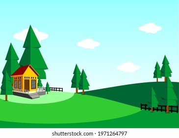 rural scenery design in the morning, rivers, firs, mountains, sunset