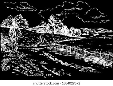 Rural scenery landscape panorama of countryside pastures. Green grass field on small hills.  Vector sketch illustration