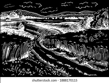 Rural scenery landscape panorama of countryside pastures. Green grass field on small hills. Vector sketch illustration