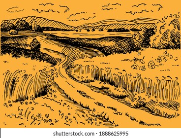 Rural scenery landscape panorama of countryside pastures. Green grass field on small hills. Vector sketch illustration