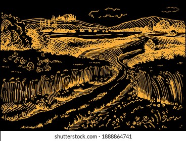 Rural scenery landscape panorama of countryside pastures. Green grass field on small hills. Vector sketch illustration