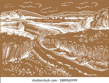 Rural scenery landscape panorama of countryside pastures. Green grass field on small hills. Vector sketch illustration
