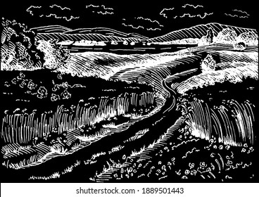 Rural scenery landscape panorama of countryside pastures. Green grass field on small hills. Vector sketch illustration