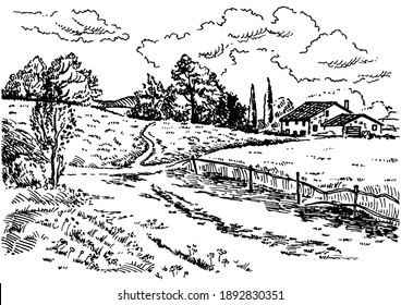 Rural Scenery Landscape Panorama Of Countryside Pastures. Green Grass Field On Small Hills. Vector Sketch Illustration