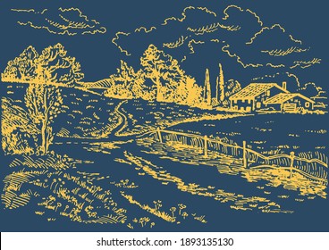 Rural scenery landscape panorama of countryside pastures. Green grass field on small hills. Vector sketch illustration