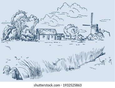 Rural scenery landscape panorama of countryside pastures. Green grass field on small hills. Vector sketch illustration