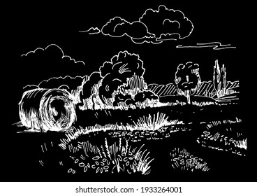 Rural scenery landscape panorama of countryside pastures. Green grass field on small hills. Vector sketch illustration