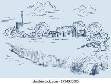 Rural scenery landscape panorama of countryside pastures. Green grass field on small hills. Vector sketch illustration