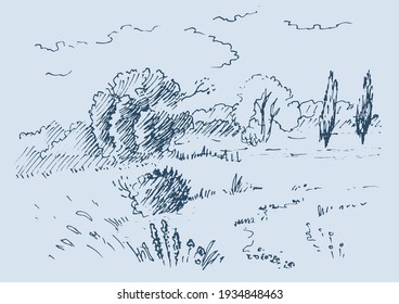 Rural scenery landscape panorama of countryside pastures. Green grass field on small hills. Vector sketch illustration