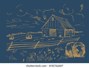 Rural scenery landscape panorama of countryside pastures. Green grass field on small hills. Vector sketch illustration