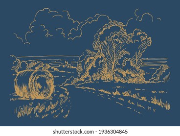 Rural scenery landscape panorama of countryside pastures. Green grass field on small hills. Vector sketch illustration