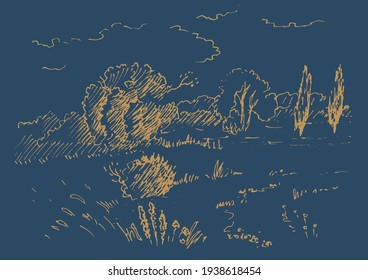 Rural scenery landscape panorama of countryside pastures. Green grass field on small hills. Vector sketch illustration