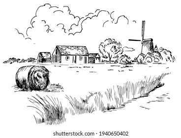 Rural scenery landscape panorama of countryside pastures. Green grass field on small hills. Vector sketch illustration