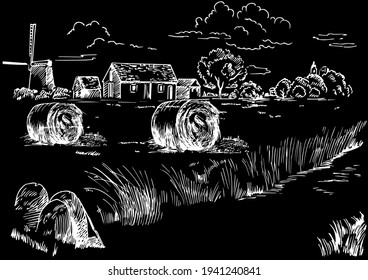 Rural scenery landscape panorama of countryside pastures. Green grass field on small hills. Vector sketch illustration