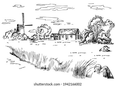 Rural scenery landscape panorama of countryside pastures. Green grass field on small hills. Vector sketch illustration