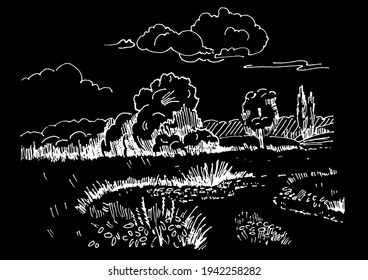 Rural scenery landscape panorama of countryside pastures. Green grass field on small hills. Vector sketch illustration