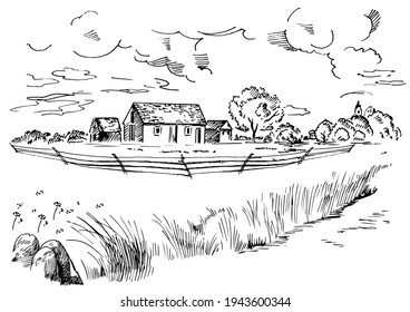 Rural scenery landscape panorama of countryside pastures. Green grass field on small hills. Vector sketch illustration