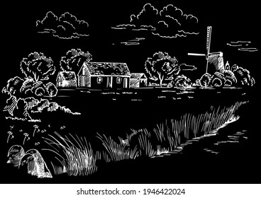 Rural scenery landscape panorama of countryside pastures. Green grass field on small hills. Vector sketch illustration