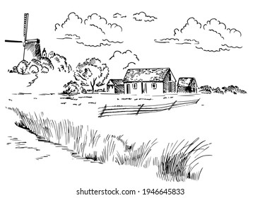 Rural scenery landscape panorama of countryside pastures. Green grass field on small hills. Vector sketch illustration