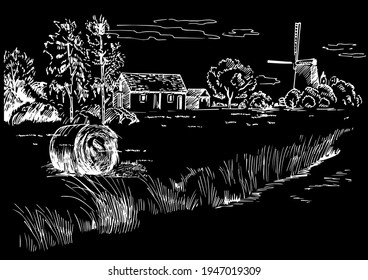 Rural scenery landscape panorama of countryside pastures. Green grass field on small hills. Vector sketch illustration
