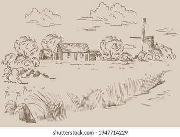 Rural scenery landscape panorama of countryside pastures. Green grass field on small hills. Vector sketch illustration