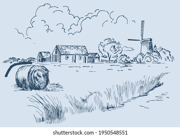 Rural scenery landscape panorama of countryside pastures. Green grass field on small hills. Vector sketch illustration