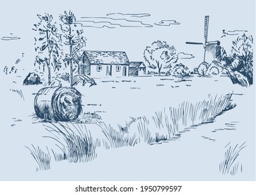 Rural scenery landscape panorama of countryside pastures. Green grass field on small hills. Vector sketch illustration