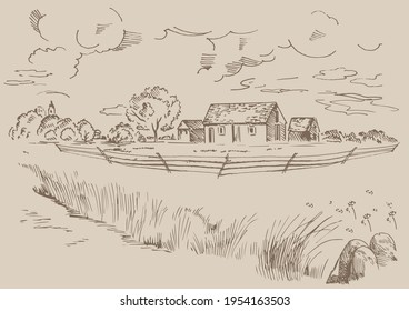 Rural scenery landscape panorama of countryside pastures. Green grass field on small hills. Vector sketch illustration