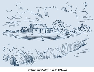 Rural scenery landscape panorama of countryside pastures. Green grass field on small hills. Vector sketch illustration