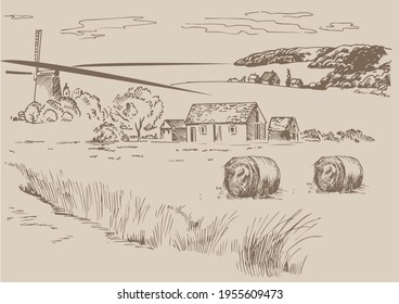Rural scenery landscape panorama of countryside pastures. Green grass field on small hills. Vector sketch illustration