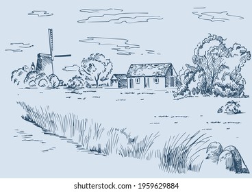 Rural scenery landscape panorama of countryside pastures. Green grass field on small hills. Vector sketch illustration