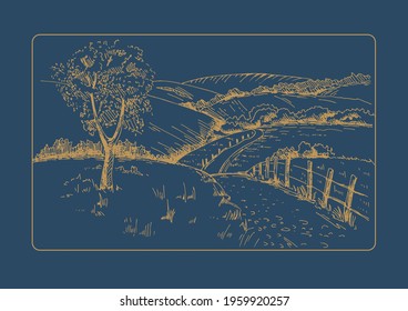 Rural scenery landscape panorama of countryside pastures. Green grass field on small hills. Vector sketch illustration