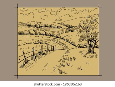 Rural scenery landscape panorama of countryside pastures. Green grass field on small hills. Vector sketch illustration