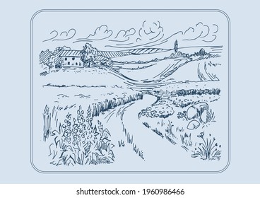 Rural scenery landscape panorama of countryside pastures. Green grass field on small hills. Vector sketch illustration