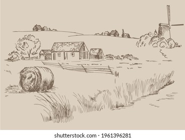 Rural scenery landscape panorama of countryside pastures. Green grass field on small hills. Vector sketch illustration