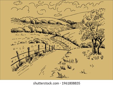 Rural scenery landscape panorama of countryside pastures. Green grass field on small hills. Vector sketch illustration